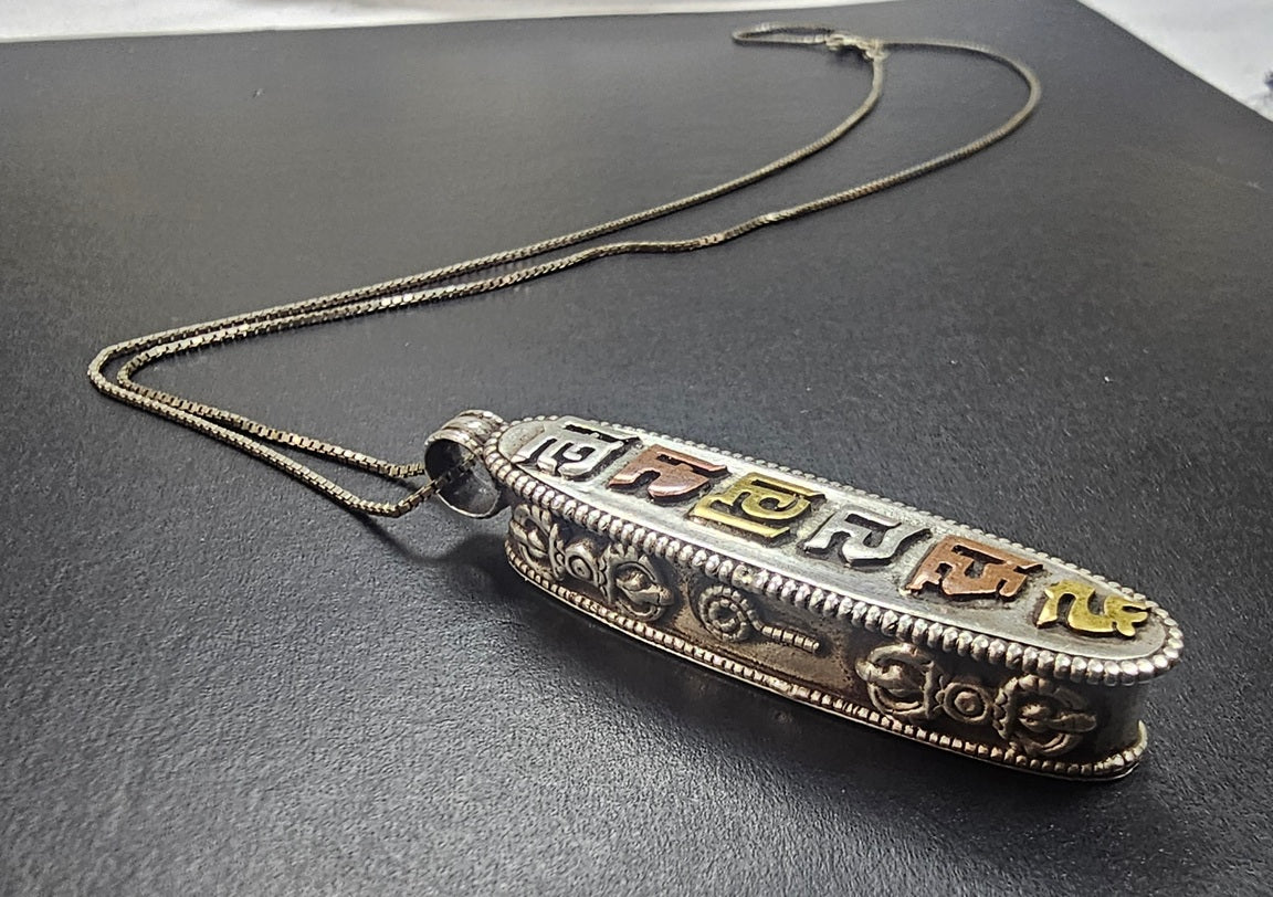 Vintage Egyptian Sterling Silver 3 tone Cartouche Pendant Hieroglyphics Symbols Pill / Poison Box