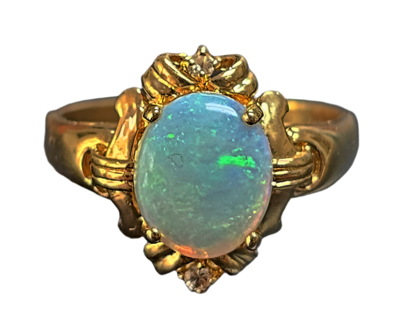 Vintage Stunning Oval Cabochon Opal & Diamond 14K Yellow Gold cocktail Ring Sz 7
