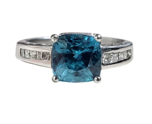 Gorgeous ~4 carats Cushion Blue Zircon Princess Diamond Ring 14k White Gold