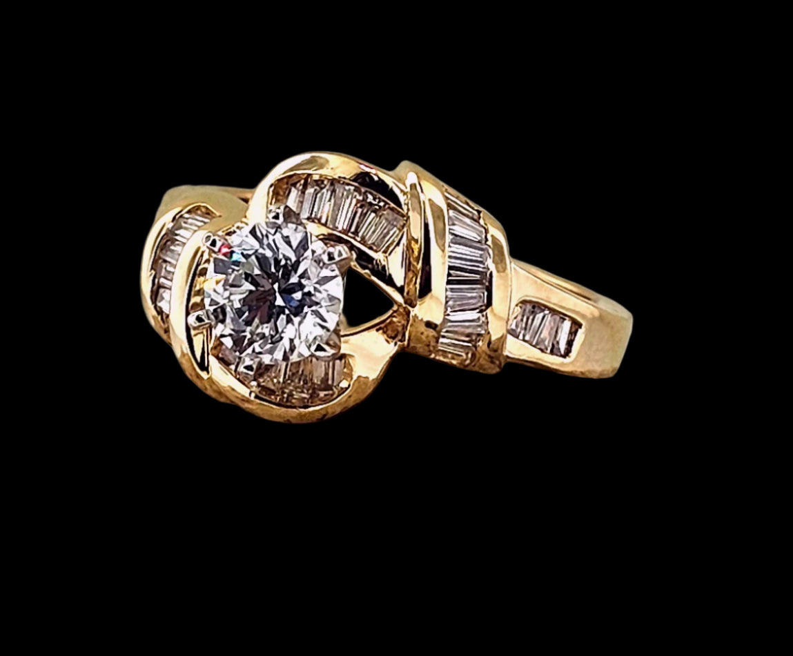 GIA Certified .86ct Round Diamond & 33 baguette Engagement By-Pass Ring 14k Gold