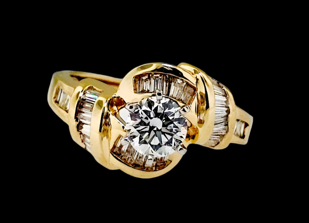 GIA Certified .86ct Round Diamond & 33 baguette Engagement By-Pass Ring 14k Gold