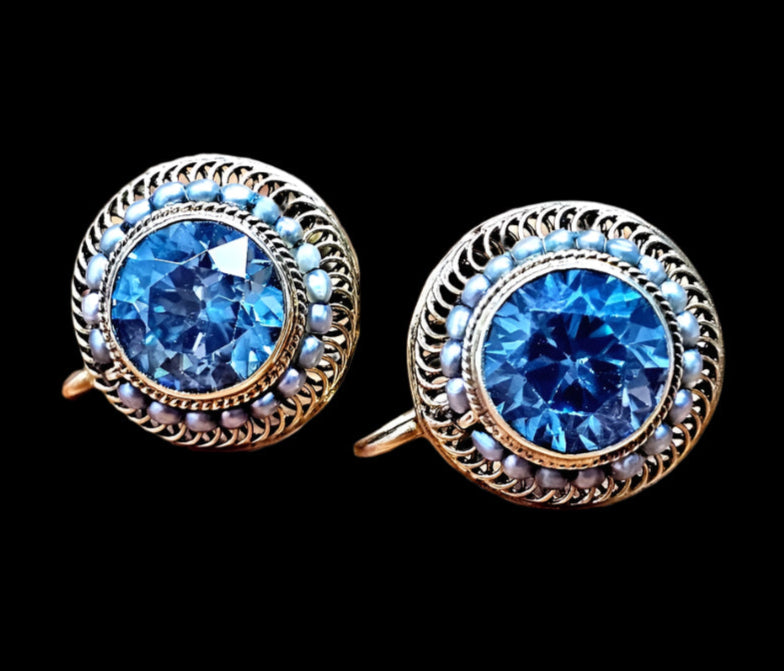 Beautiful Antique Victorian Natural Blue Zircon & Seed Pearl Earrings 14K Yellow Gold