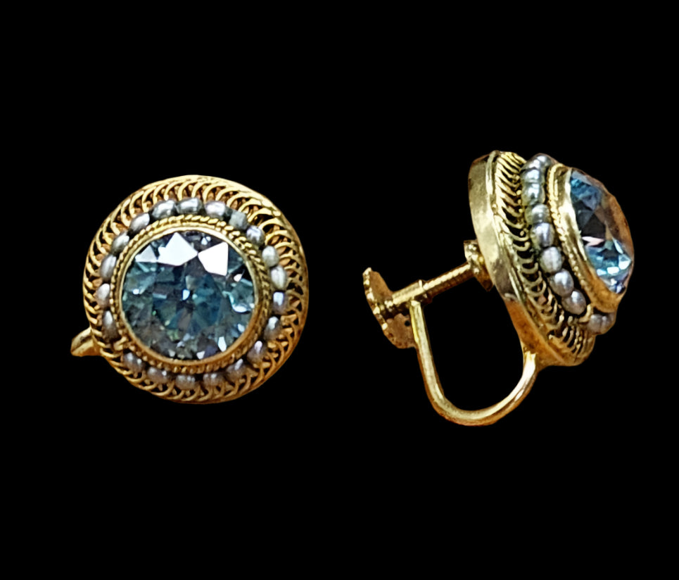 Beautiful Antique Victorian Natural Blue Zircon & Seed Pearl Earrings 14K Yellow Gold