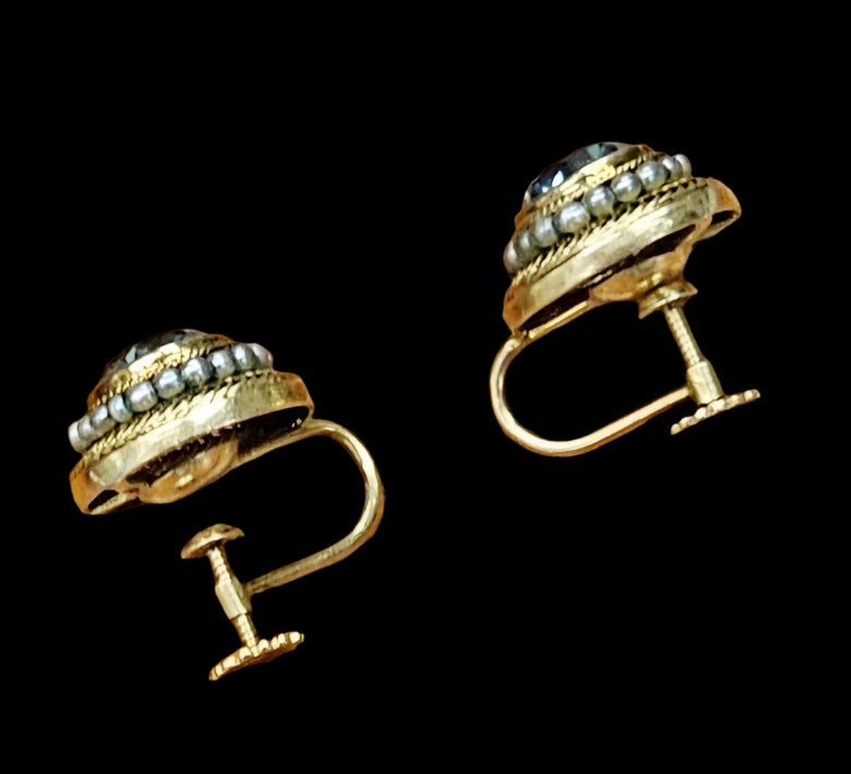 Beautiful Antique Victorian Natural Blue Zircon & Seed Pearl Earrings 14K Yellow Gold