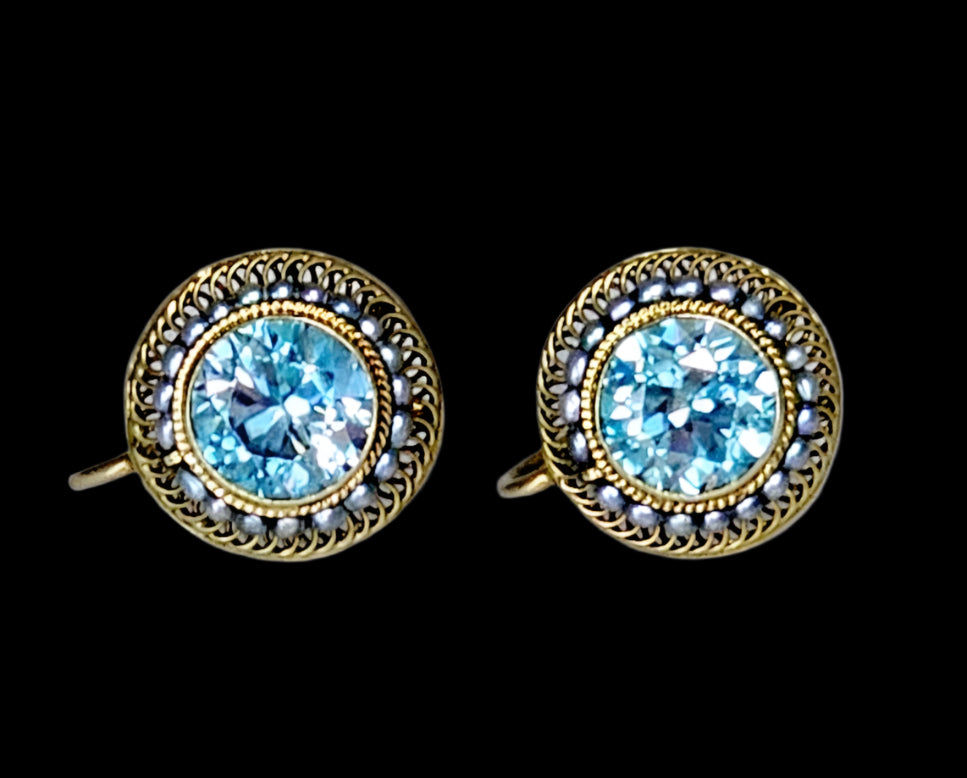 Beautiful Antique Victorian Natural Blue Zircon & Seed Pearl Earrings 14K Yellow Gold