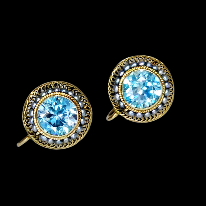 Beautiful Antique Victorian Natural Blue Zircon & Seed Pearl Earrings 14K Yellow Gold