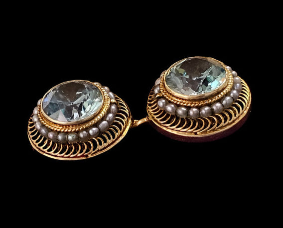 Beautiful Antique Victorian Natural Blue Zircon & Seed Pearl Earrings 14K Yellow Gold