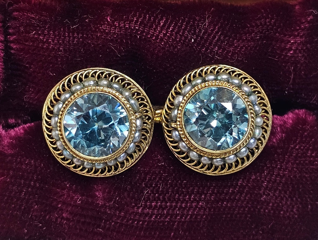 Beautiful Antique Victorian Natural Blue Zircon & Seed Pearl Earrings 14K Yellow Gold