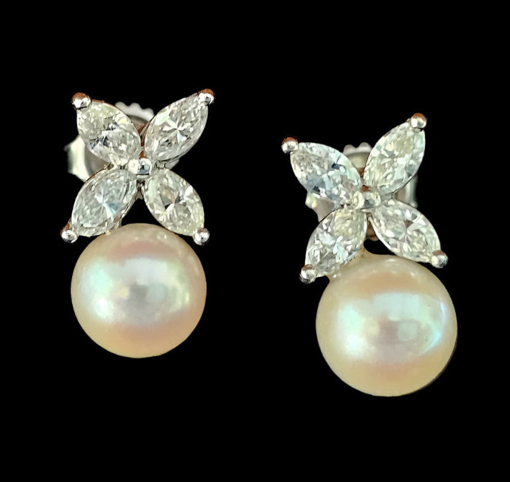 Vintage Platinum, 8.5mm Akoya Pearls and Marquise Diamond Earrings