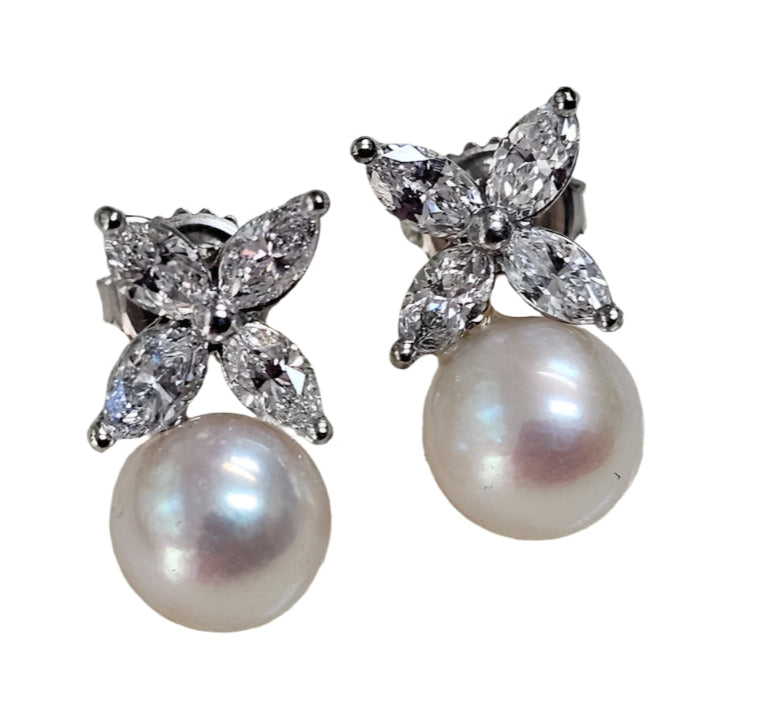 Vintage Platinum, 8.5mm Akoya Pearls and Marquise Diamond Earrings