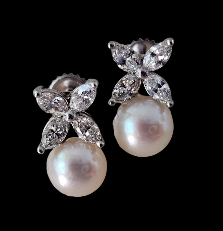 Vintage Platinum, 8.5mm Akoya Pearls and Marquise Diamond Earrings
