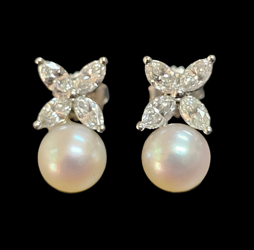 Vintage Platinum, 8.5mm Akoya Pearls and Marquise Diamond Earrings