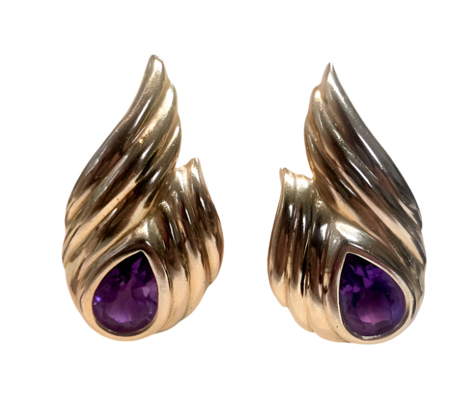 Estate Elegant Pear Shaped Amethyst 14k Yellow Gold Earrings 4.00ctw