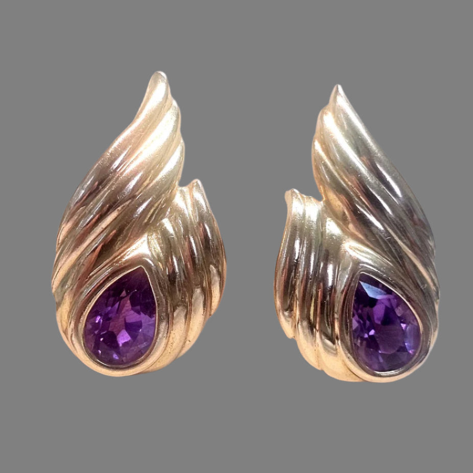 Estate Elegant Pear Shaped Amethyst 14k Yellow Gold Earrings 4.00ctw