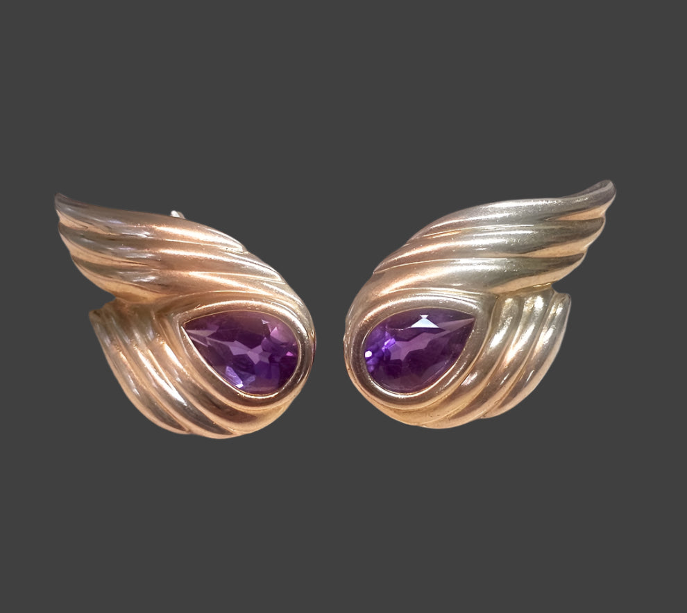 Estate Elegant Pear Shaped Amethyst 14k Yellow Gold Earrings 4.00ctw