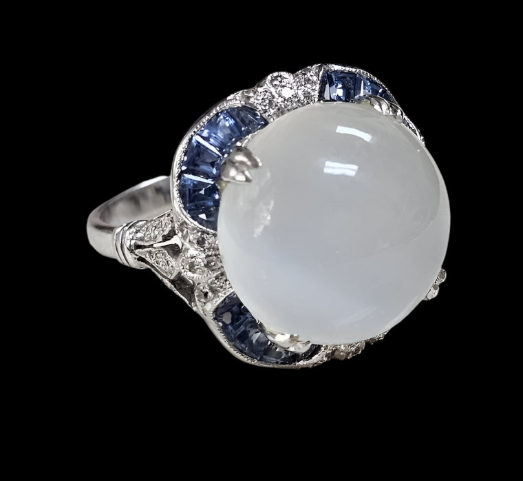 Vintage Oval Cats Eye Moonstone, Sapphire and Diamonds Cocktail Ring 18K White Gold