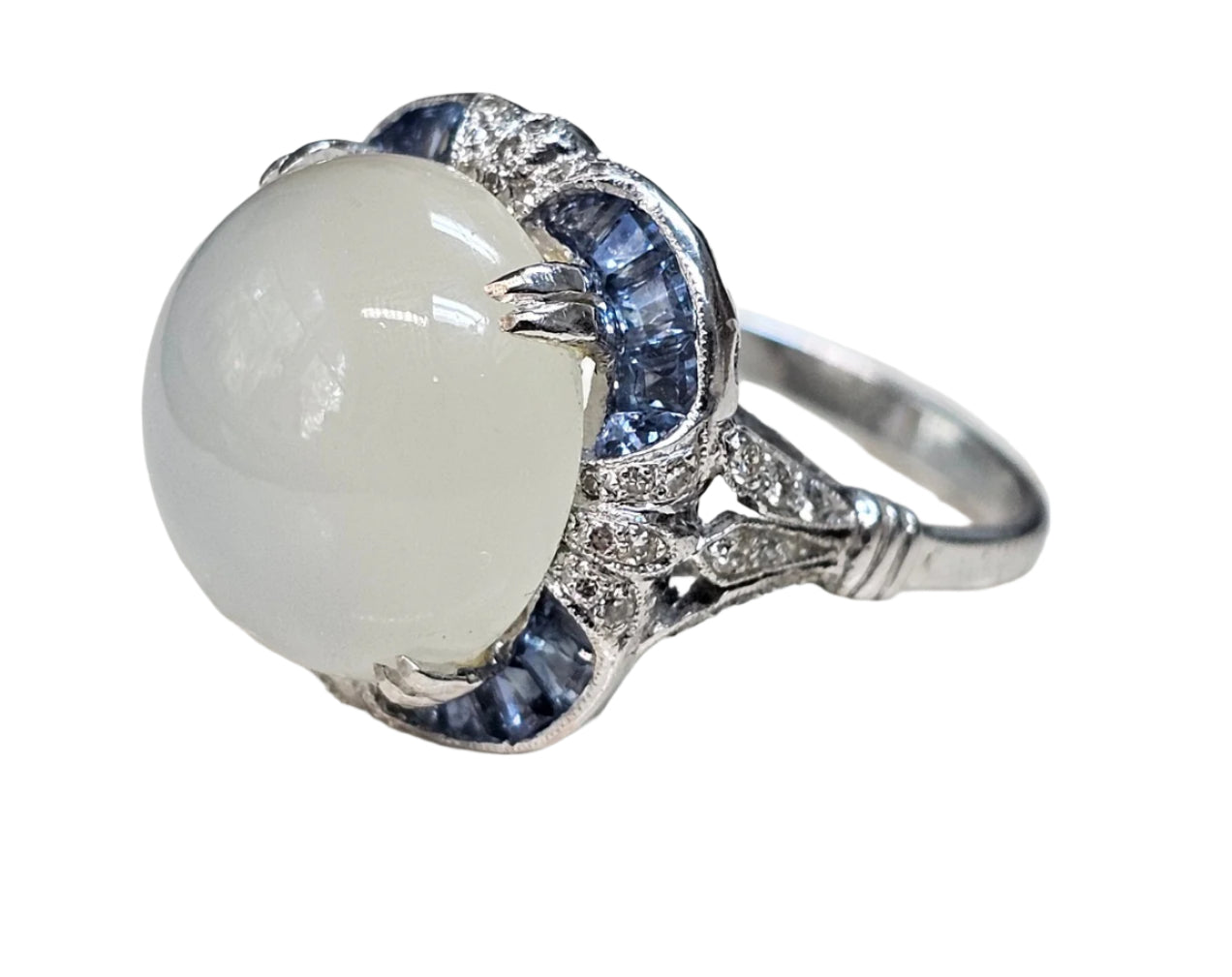 Vintage Oval Cats Eye Moonstone, Sapphire and Diamonds Cocktail Ring 18K White Gold