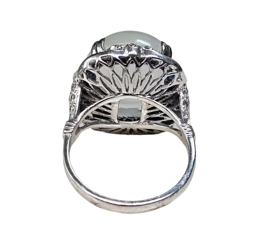 Vintage Oval Cats Eye Moonstone, Sapphire and Diamonds Cocktail Ring 18K White Gold