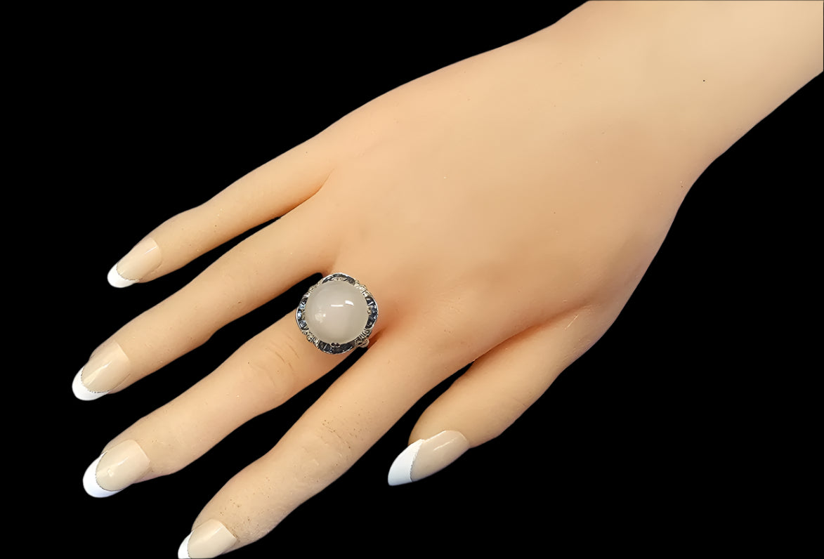 Vintage Oval Cats Eye Moonstone, Sapphire and Diamonds Cocktail Ring 18K White Gold