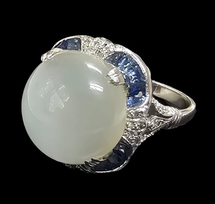 Vintage Oval Cats Eye Moonstone, Sapphire and Diamonds Cocktail Ring 18K White Gold