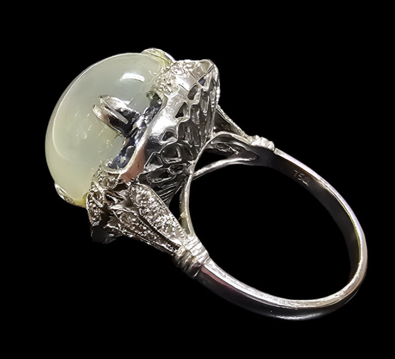 Vintage Oval Cats Eye Moonstone, Sapphire and Diamonds Cocktail Ring 18K White Gold