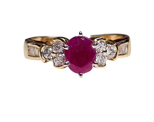 Beautiful Natural RUBY Baguette and Round Diamond Ring 14K Yellow Gold
