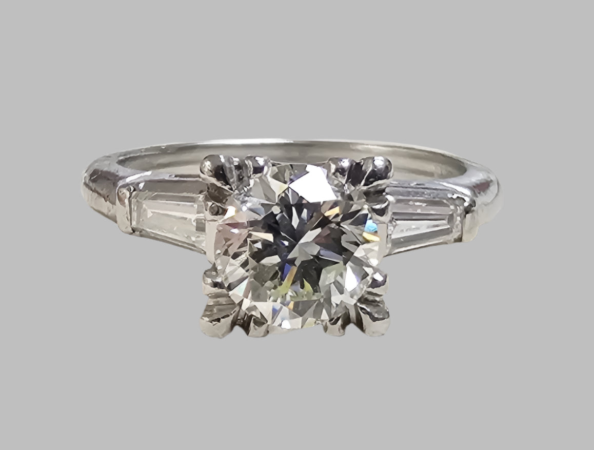 Vintage Platinum Diamond Engagement Ring .94ct Round Brilliant Baguette 1.24cttw