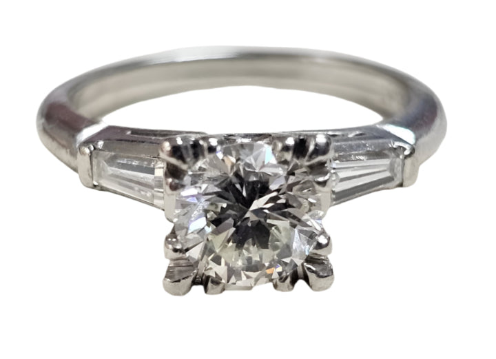 Vintage Platinum Diamond Engagement Ring .94ct Round Brilliant Baguette 1.24cttw