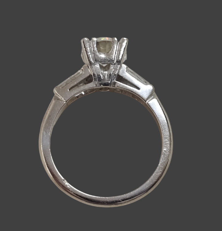 Vintage Platinum Diamond Engagement Ring .94ct Round Brilliant Baguette 1.24cttw