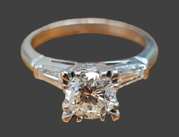Vintage Platinum Diamond Engagement Ring .94ct Round Brilliant Baguette 1.24cttw