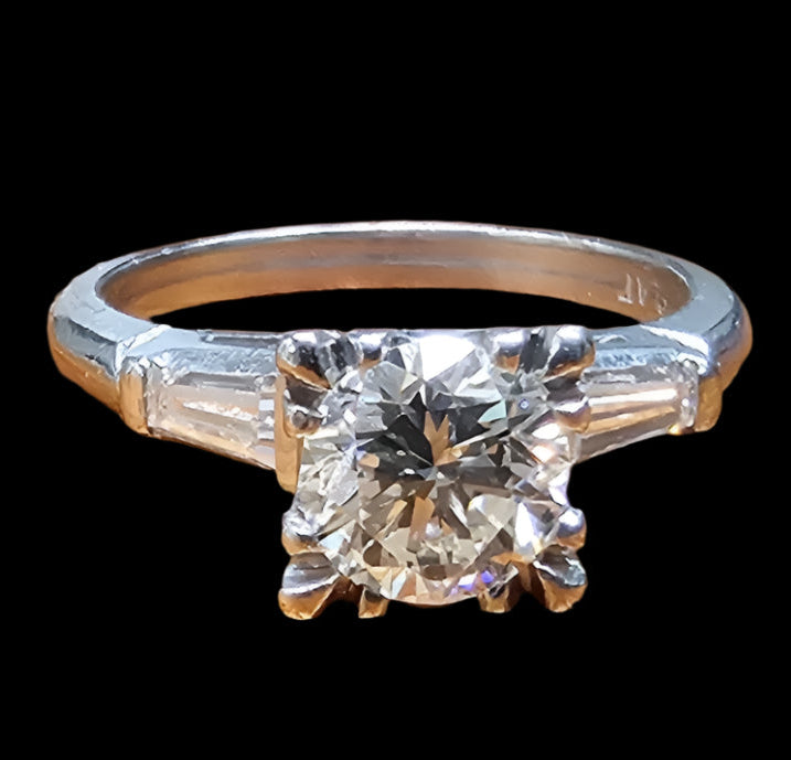 Vintage Platinum Diamond Engagement Ring .94ct Round Brilliant Baguette 1.24cttw