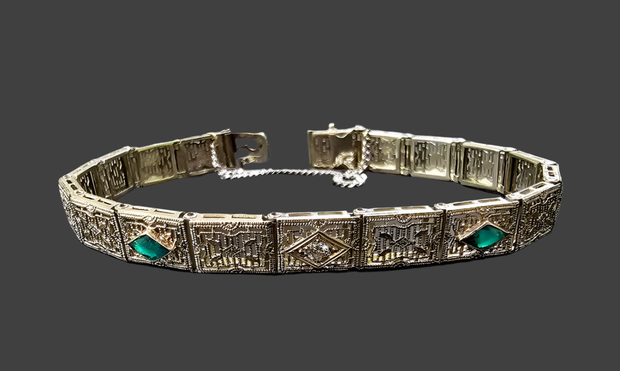 Art Deco Diamond Imitation Emerald Filigree Bracelet 14k White Gold 7"