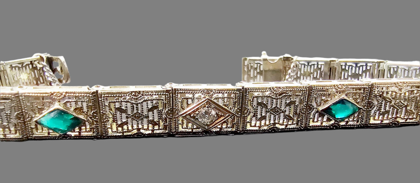 Art Deco Diamond Imitation Emerald Filigree Bracelet 14k White Gold 7"