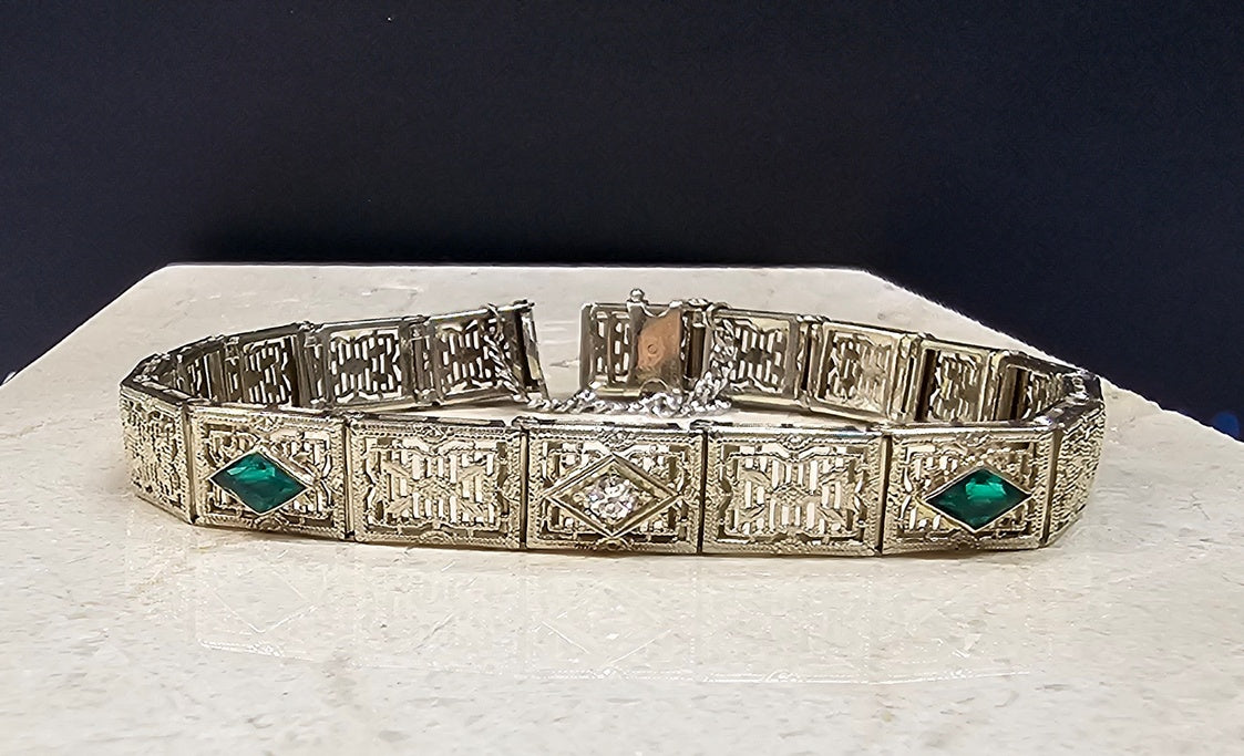 Art Deco Diamond Imitation Emerald Filigree Bracelet 14k White Gold 7"