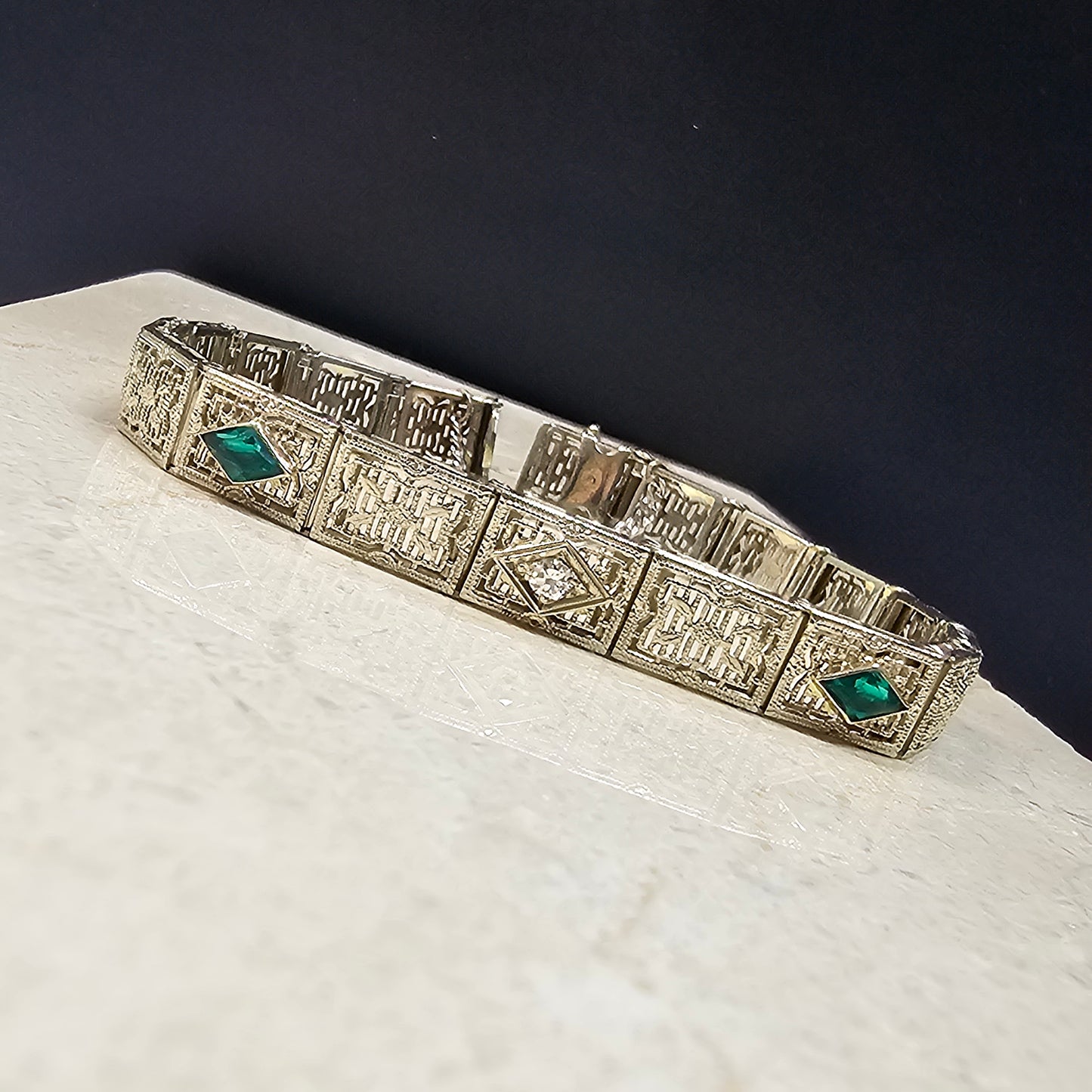 Art Deco Diamond Imitation Emerald Filigree Bracelet 14k White Gold 7"