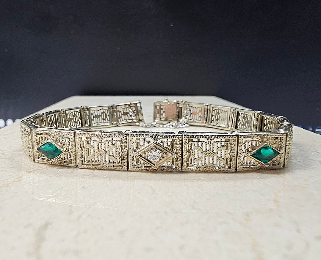 Art Deco Diamond Imitation Emerald Filigree Bracelet 14k White Gold 7"
