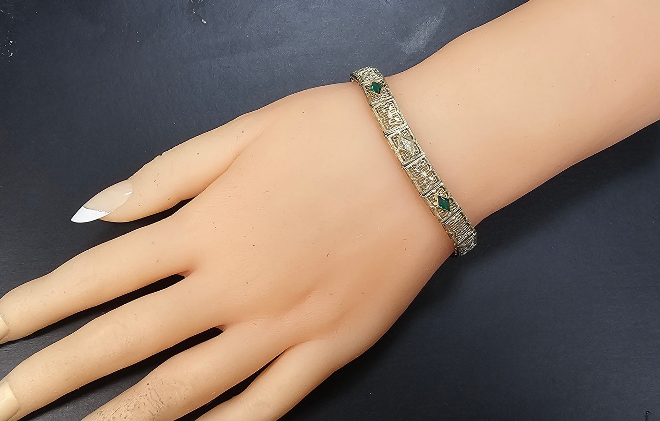 Art Deco Diamond Imitation Emerald Filigree Bracelet 14k White Gold 7"