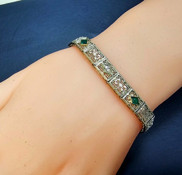 Art Deco Diamond Imitation Emerald Filigree Bracelet 14k White Gold 7"