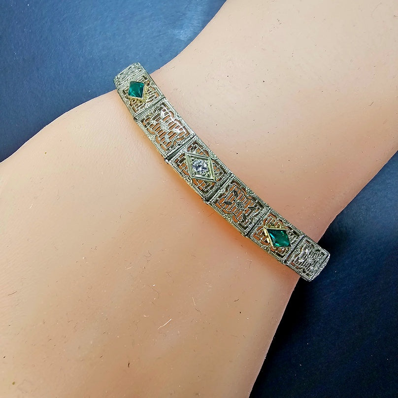 Art Deco Diamond Imitation Emerald Filigree Bracelet 14k White Gold 7"