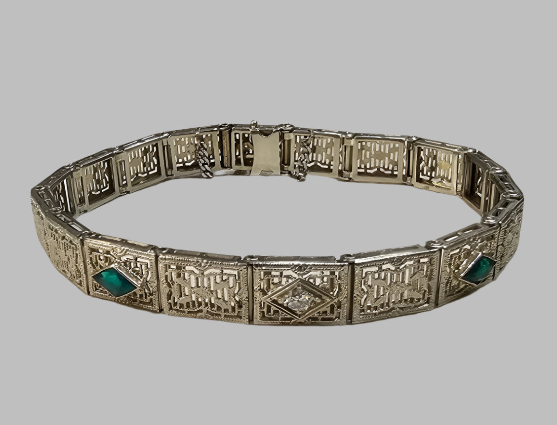 Art Deco Diamond Imitation Emerald Filigree Bracelet 14k White Gold 7"