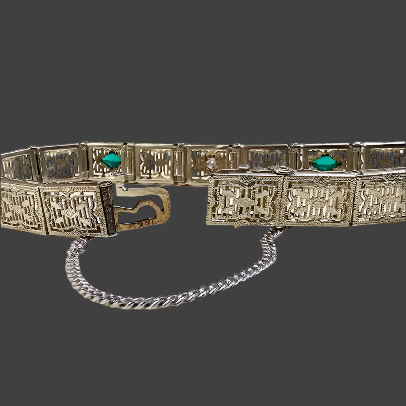 Art Deco Diamond Imitation Emerald Filigree Bracelet 14k White Gold 7"