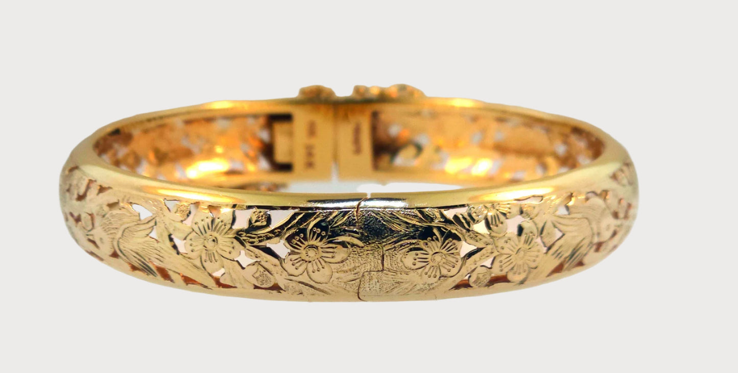 Ming's Bird in Plum 11mm Hinged 18.9g 14K Yellow Gold Bangle Bracelet 7"