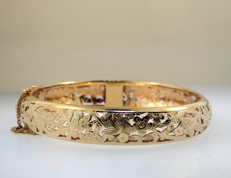 Ming's Bird in Plum 11mm Hinged 18.9g 14K Yellow Gold Bangle Bracelet 7"