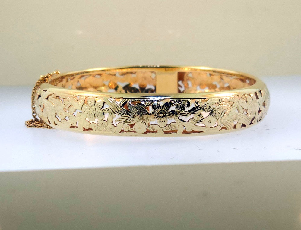 Ming's Bird in Plum 11mm Hinged 18.9g 14K Yellow Gold Bangle Bracelet 7"