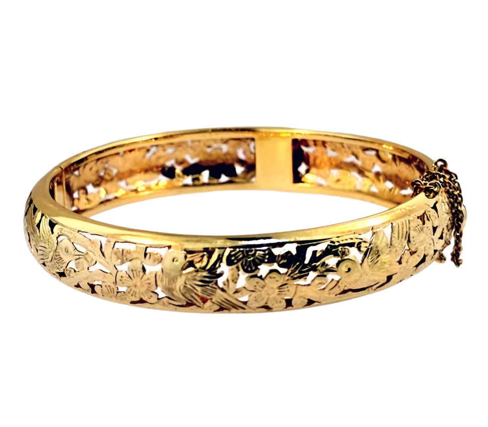 Ming's Bird in Plum 11mm Hinged 18.9g 14K Yellow Gold Bangle Bracelet 7"