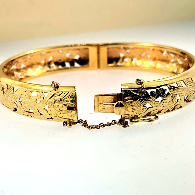 Ming's Bird in Plum 11mm Hinged 18.9g 14K Yellow Gold Bangle Bracelet 7"