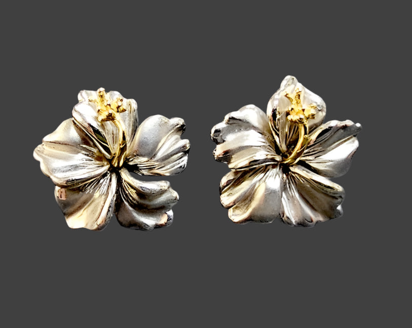 15mm 14k Two Tone Gold Hawaiian Hibiscus Flower Stud Earrings N*H