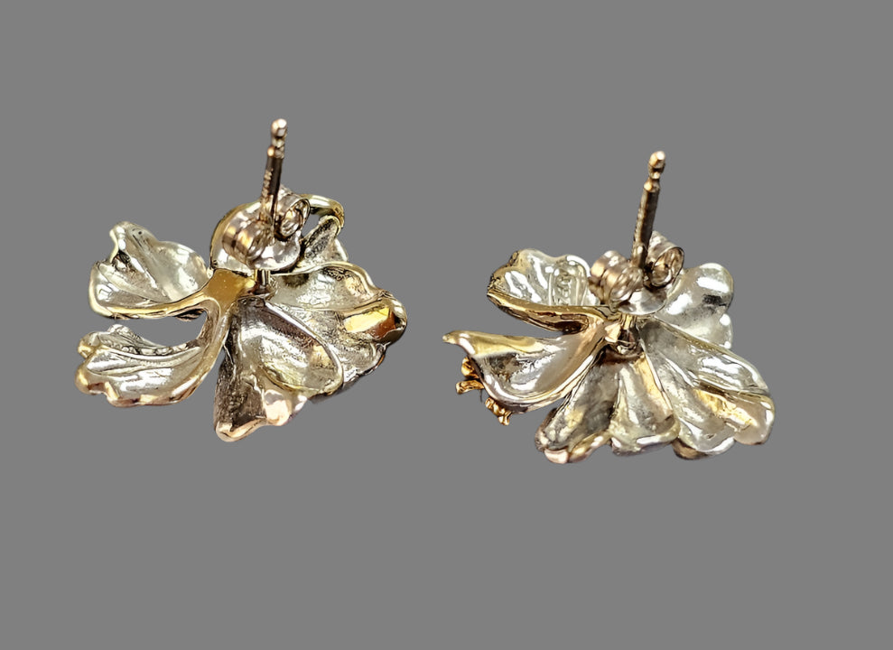 15mm 14k Two Tone Gold Hawaiian Hibiscus Flower Stud Earrings N*H