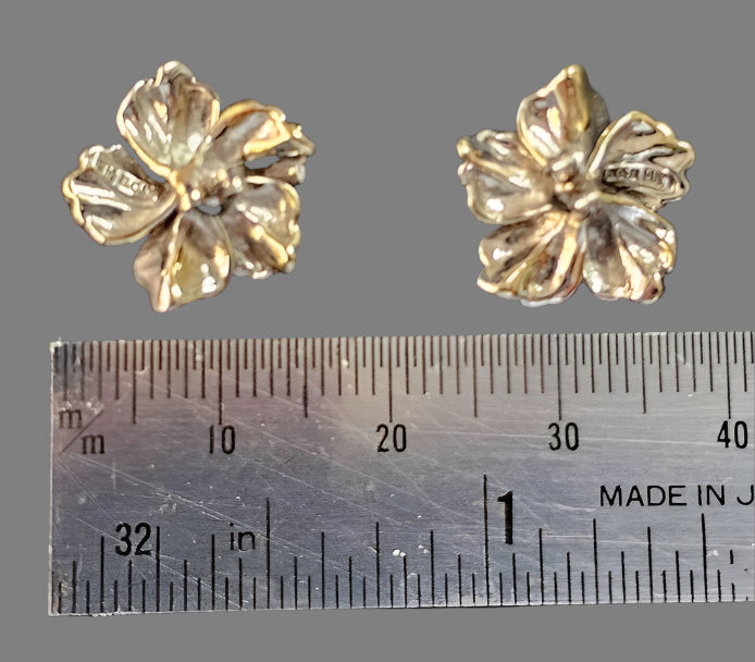 15mm 14k Two Tone Gold Hawaiian Hibiscus Flower Stud Earrings N*H