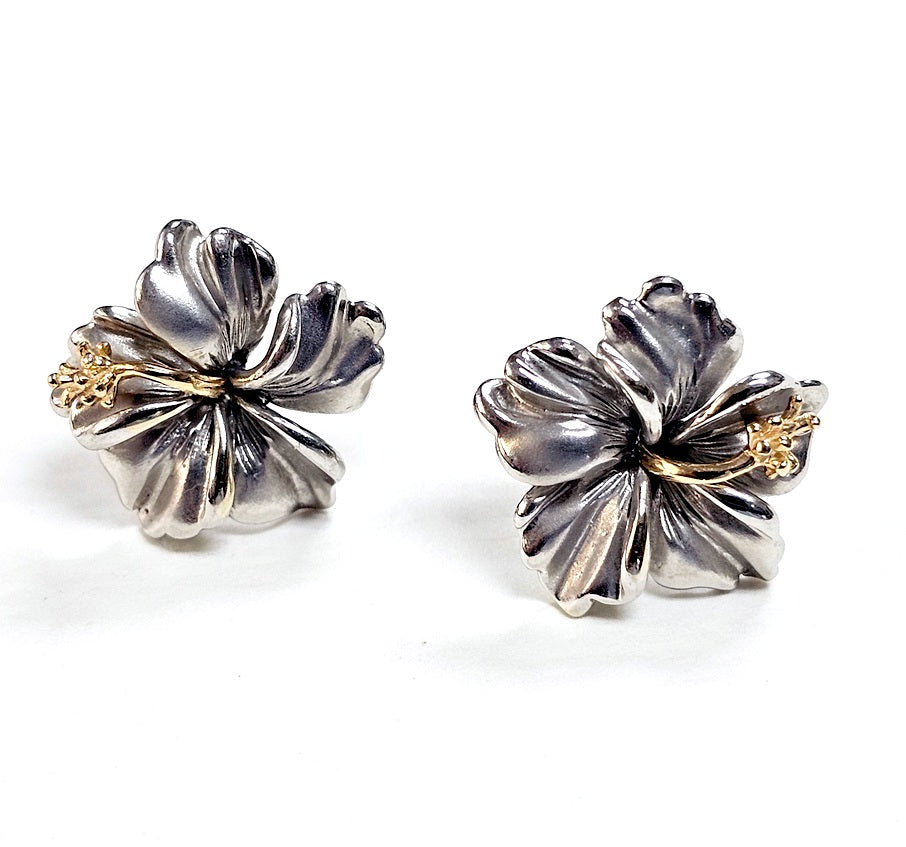 15mm 14k Two Tone Gold Hawaiian Hibiscus Flower Stud Earrings N*H